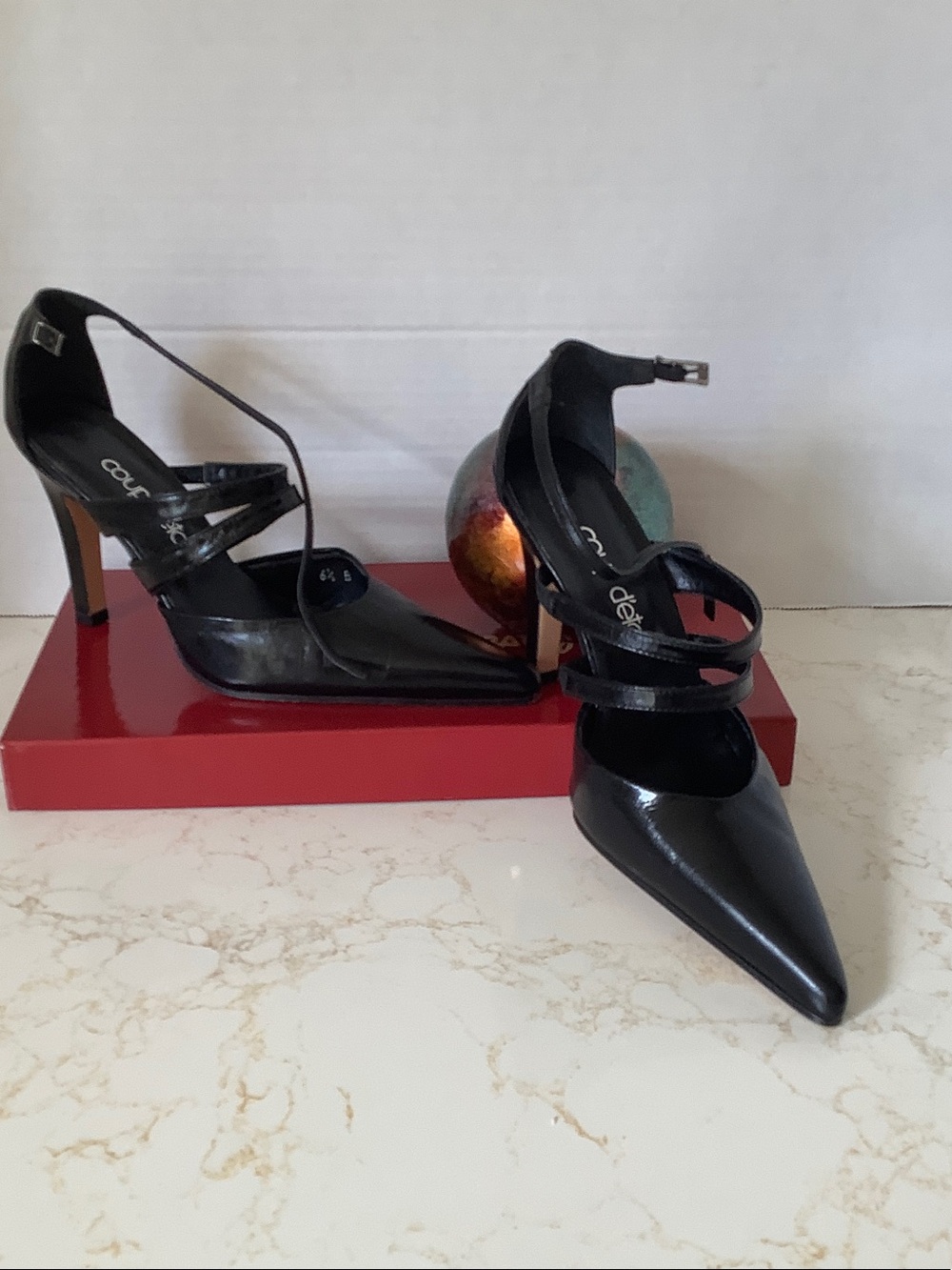 Women’s Black Pointed-Strap Stiletto Heels